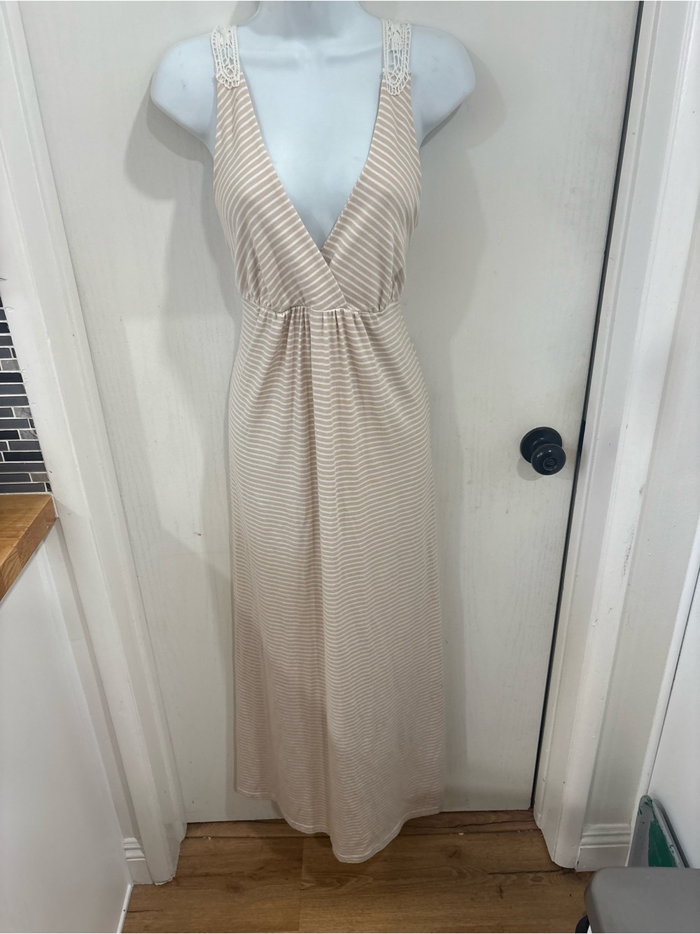 Casual coastal resort Sleeveless Cream Striped Maxi Dress with Lace Straps
